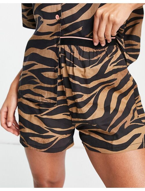 ASOS DESIGN mix & match modal zebra print pajama boxer shorts with jacquard elastic waistband in brown