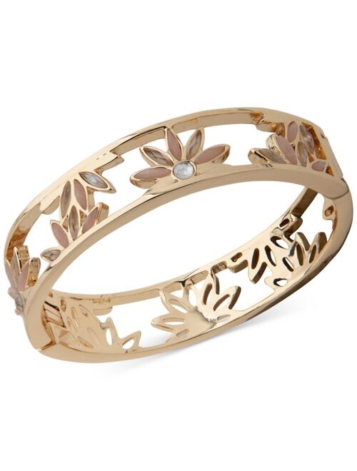 ANNE KLEIN Gold-Tone Crystal & Mother-of-Pearl Flower Cutout Bangle Bracelet