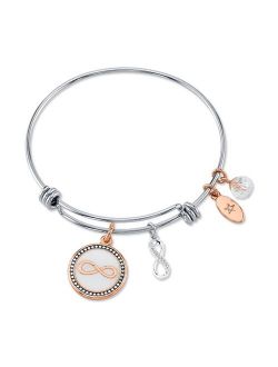 UNWRITTEN "Forever Friends" Infinity Bangle Bracelet in Stainless Steel & Rose Gold-Tone with Silver Plated Charms