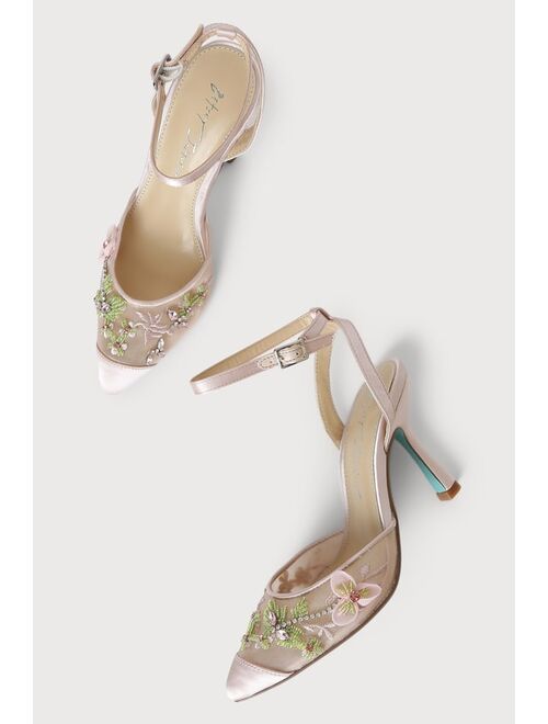 Betsey Johnson SB-Zola Light Nude Satin Pointed-Toe Ankle-Strap Pumps