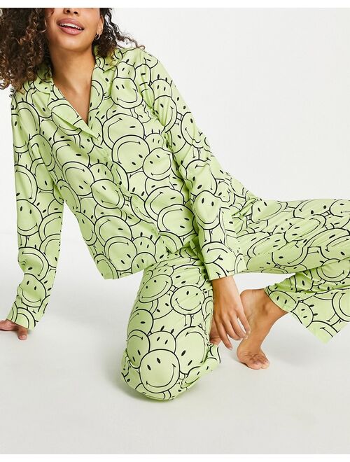 ASOS DESIGN smiley cotton long sleeve shirt & pants pajama set in lime
