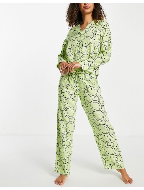 ASOS DESIGN smiley cotton long sleeve shirt & pants pajama set in lime