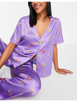 mix & match satin floral collarless pajama shirt in purple