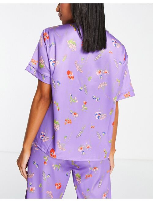 ASOS DESIGN mix & match satin floral collarless pajama shirt in purple