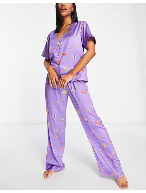 ASOS DESIGN mix & match satin floral collarless pajama shirt in purple
