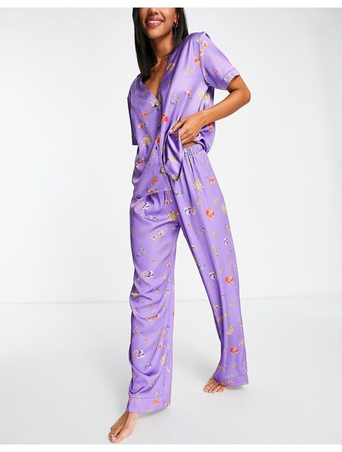 Buy ASOS DESIGN mix & match satin floral pajama pants in purple online ...