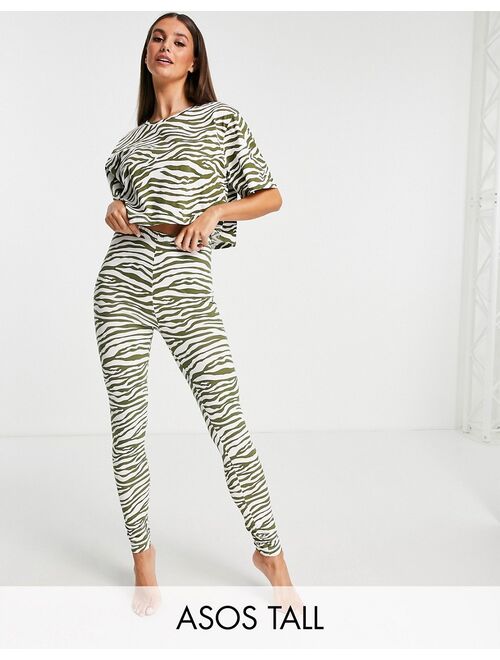 ASOS DESIGN Tall zebra print tee & leggings pajama set in green