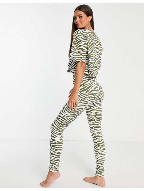 ASOS DESIGN Tall zebra print tee & leggings pajama set in green