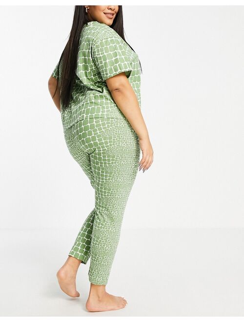 ASOS DESIGN Curve croc print tee & legging pajama set in green