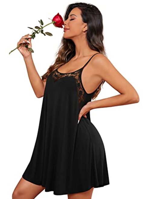 PrinStory Women's Nightgown Sleeveless Nightwear Lace Sleepshirt Sexy Chemise Nightdress Soft Sleepwear