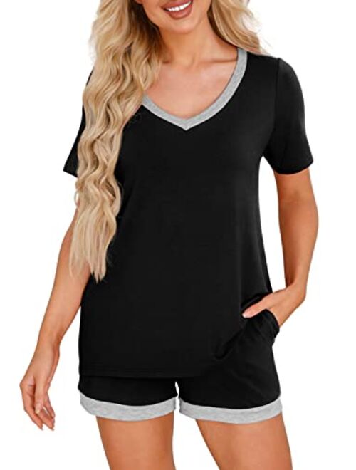 PrinStory Women's Pajama Set Short Sleeve Shirt and Shorts Sleepwear Pjs Sets with Pockets