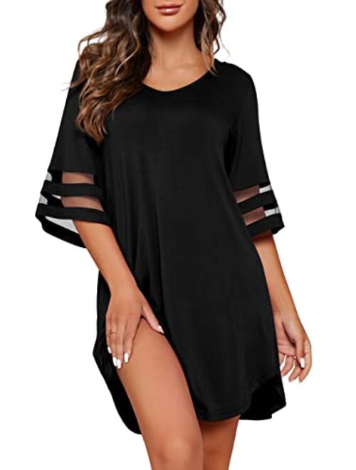 PrinStory Women's Nightgown 3/4 Sleeves Nightshirt Casual Sleep Shirt Loose Comfy Sleepwear