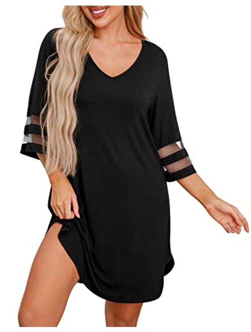 PrinStory Women's Nightgown 3/4 Sleeves Nightshirt Casual Sleep Shirt Loose Comfy Sleepwear