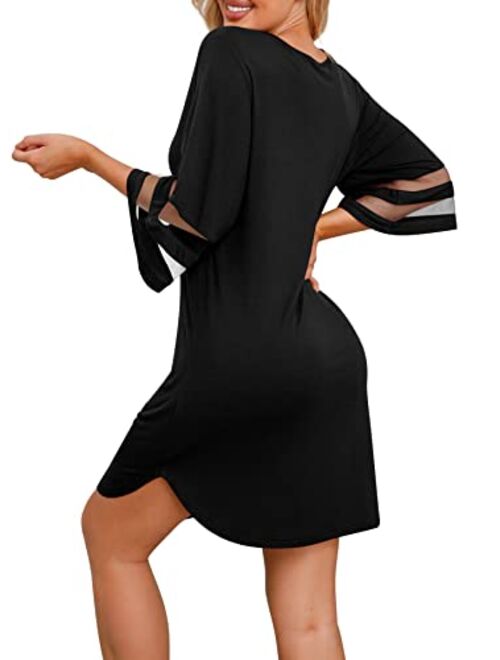 PrinStory Women's Nightgown 3/4 Sleeves Nightshirt Casual Sleep Shirt Loose Comfy Sleepwear