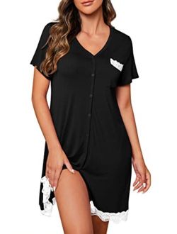 PrinStory Women's Nightgown Short Sleeve Nightshirt Button Down Sleepshirt Casual Sleepwear