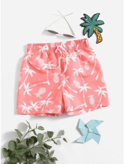 Boys Palm Tree Pineapple Print Swim Trunks