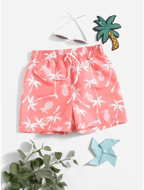 Shein Boys Palm Tree Pineapple Print Swim Trunks