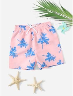 Boys Tropical Print Drawstring Waist Swim Shorts