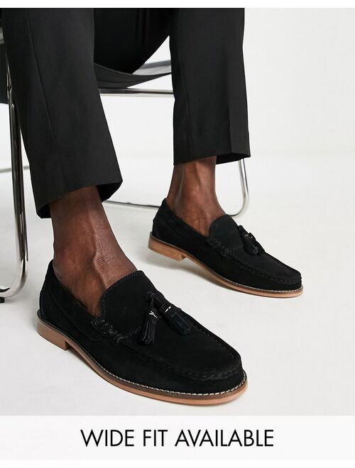 ASOS DESIGN tassel loafers in black suede with natural sole