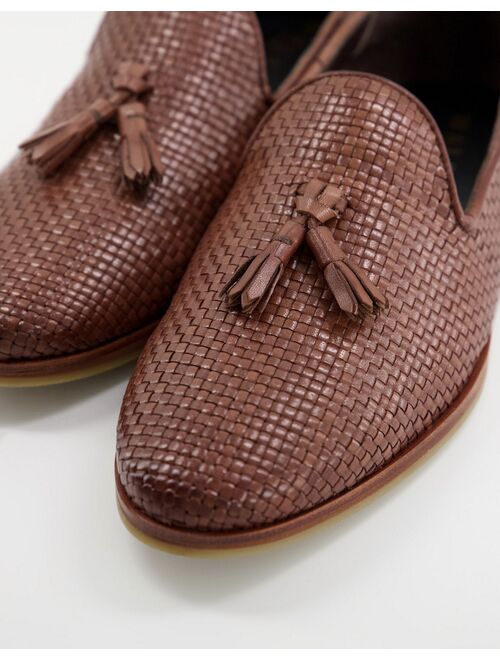 Walk London Chris woven tassel loafers in brown leather