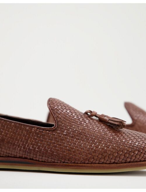 Walk London Chris woven tassel loafers in brown leather