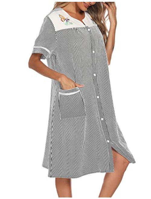 YOZLY Women Embroidered House Dress Short Sleeve Housecoat with Front Pockets S-3XL