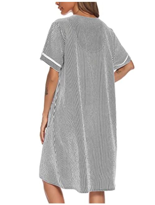 YOZLY Women Embroidered House Dress Short Sleeve Housecoat with Front Pockets S-3XL