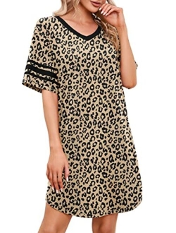 PrinStory Women's Nightgown Short Sleeve Nightshirt V Neck Sleep Shirt Loose Loungewear Casual Sleepwear