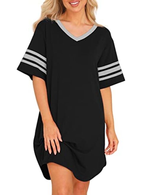 PrinStory Women's Nightgown Short Sleeve Nightshirt V Neck Sleep Shirt Loose Loungewear Casual Sleepwear