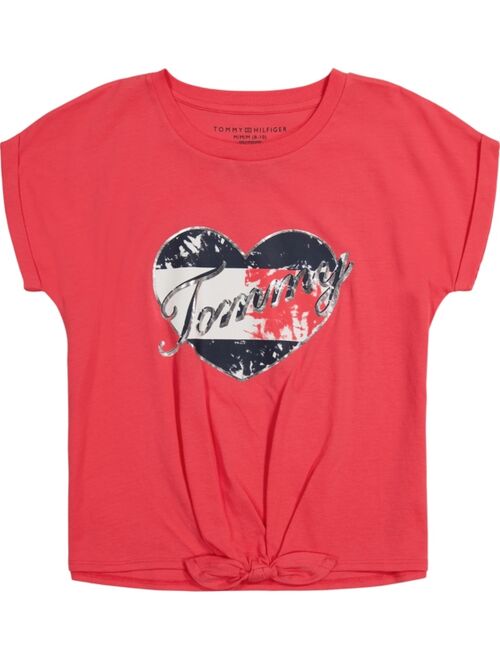 TOMMY HILFIGER Big Girls Foil Logo Heart Tie-Front T-shirt