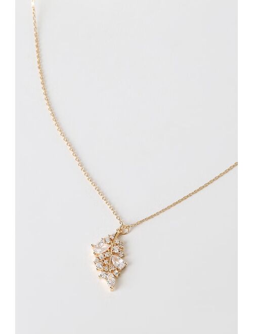 Lulus Tea Leaf Reader Gold Rhinestone Pendant Necklace