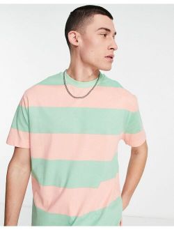 relaxed stripe T-shirt in green & pink color block