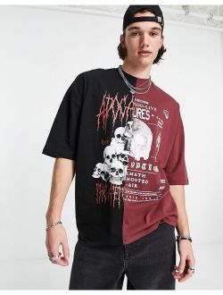 oversized t-shirt in black and red color block with grunge print