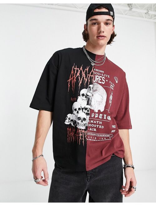 ASOS DESIGN oversized t-shirt in black and red color block with grunge print