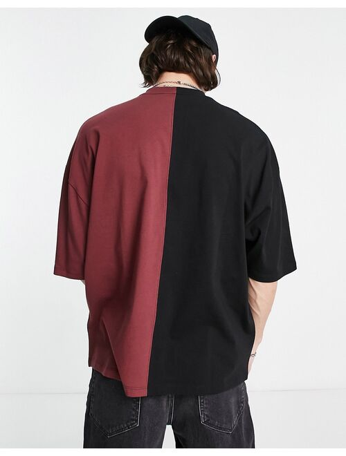 ASOS DESIGN oversized t-shirt in black and red color block with grunge print