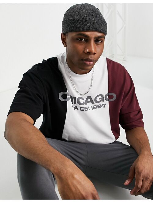 ASOS DESIGN oversized T-shirt in black and burgundy color block in pique