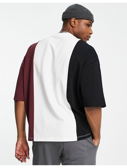 ASOS DESIGN oversized T-shirt in black and burgundy color block in pique