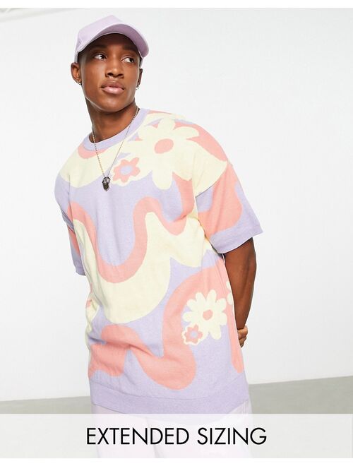 ASOS DESIGN knitted short sleeve t-shirt with swirly floral design