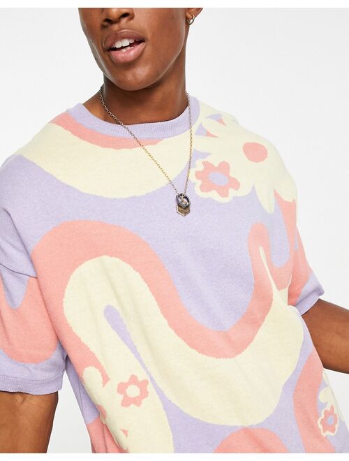 ASOS DESIGN knitted short sleeve t-shirt with swirly floral design