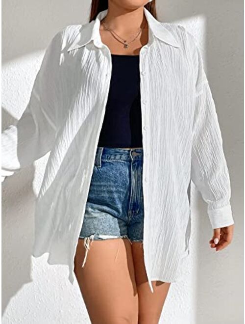 Buy MakeMeChic Women's Oversized Button Down Shirts Collared Button Up