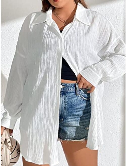 MakeMeChic Women's Oversized Button Down Shirts Collared Button Up Shirt Blouse Top