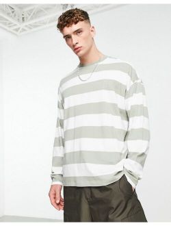 oversized long sleeve stripe t-shirt in green and white
