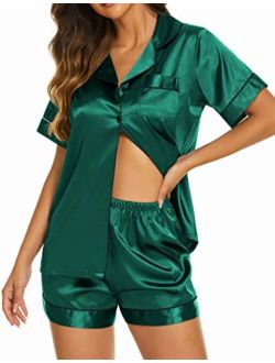 Silk Pajamas Womens Short Sleeve Sleepwear Soft Satin Button Down Loungewear 2 Piece Pjs Shorts Set S-XXL