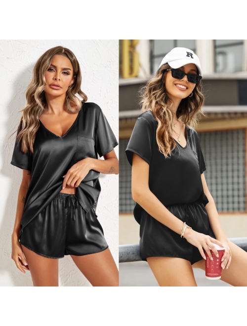 Ekouaer Silk Pajamas Women's Short Sleeve Sleepwear Soft Satin Shirt and Shorts Set 2 Piece Pjs Loungewear S-XXL