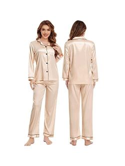 Sexqero Silk Satin Pajamas Set Womens Short Sleeve Sleepwear Button Down Loungewear 2 Piece PJ Sets
