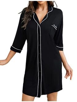 LinaDiary Nightgowns for Women Summer Button Down Boyfriend Sleepshirt 3/4 Sleeve Pajama Dress Available in Plus Size