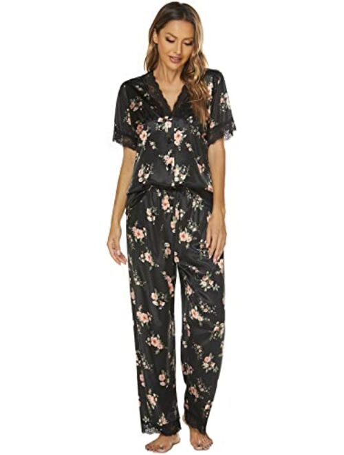 Moreone Womens Silk Satin Pajama Sets Lace Pjs Button Down Sleepwear Short Sleeve Lounge Set 2 Pieces Ladies V Neck Print Pajamas