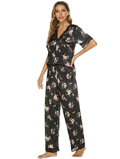 Moreone Womens Silk Satin Pajama Sets Lace Pjs Button Down Sleepwear Short Sleeve Lounge Set 2 Pieces Ladies V Neck Print Pajamas