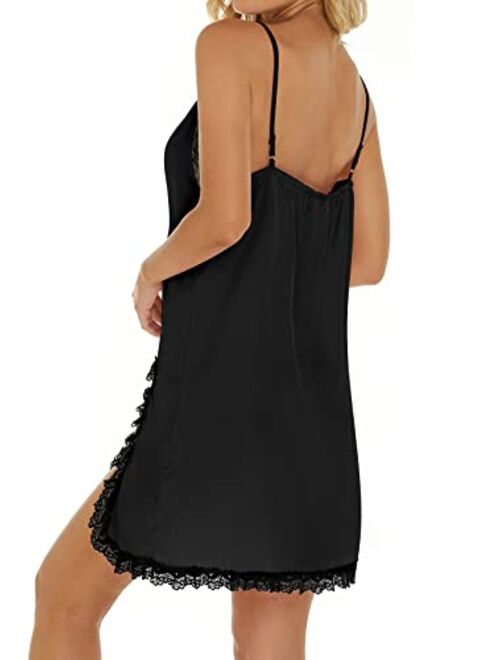 HOCOSIT Womens Lace Lingerie Nightgown Sexy Chemise V Neck Slip Satin Silk Negligee Nightdress S-XXL