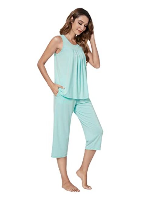 QUALFORT Women's Bamboo Pajamas Set Sleeveless Sleepwear Soft Tank Top Pjs Capri Pants Pajama Sets